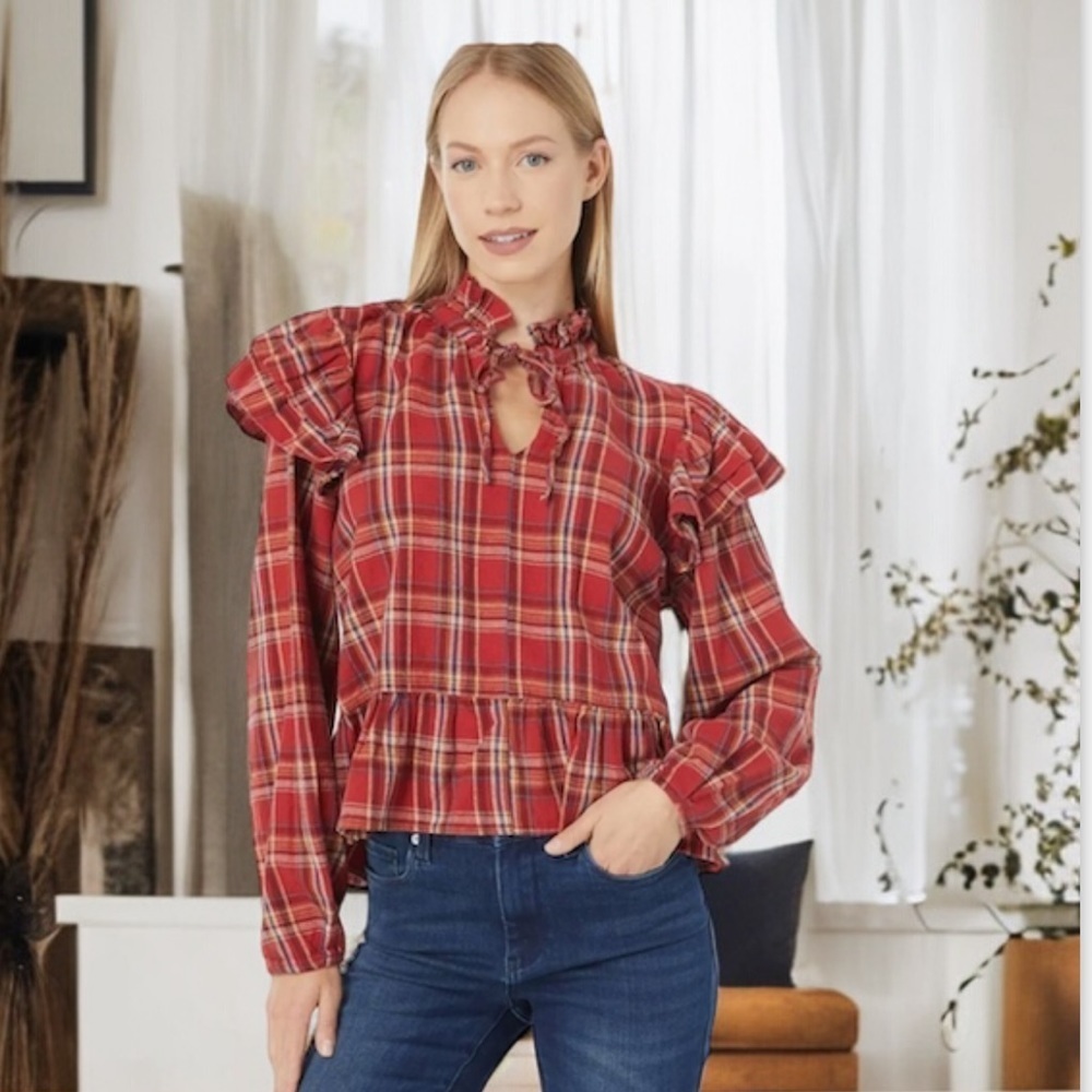 NWT Blank NYC Ruffle Shoulder Flannel top